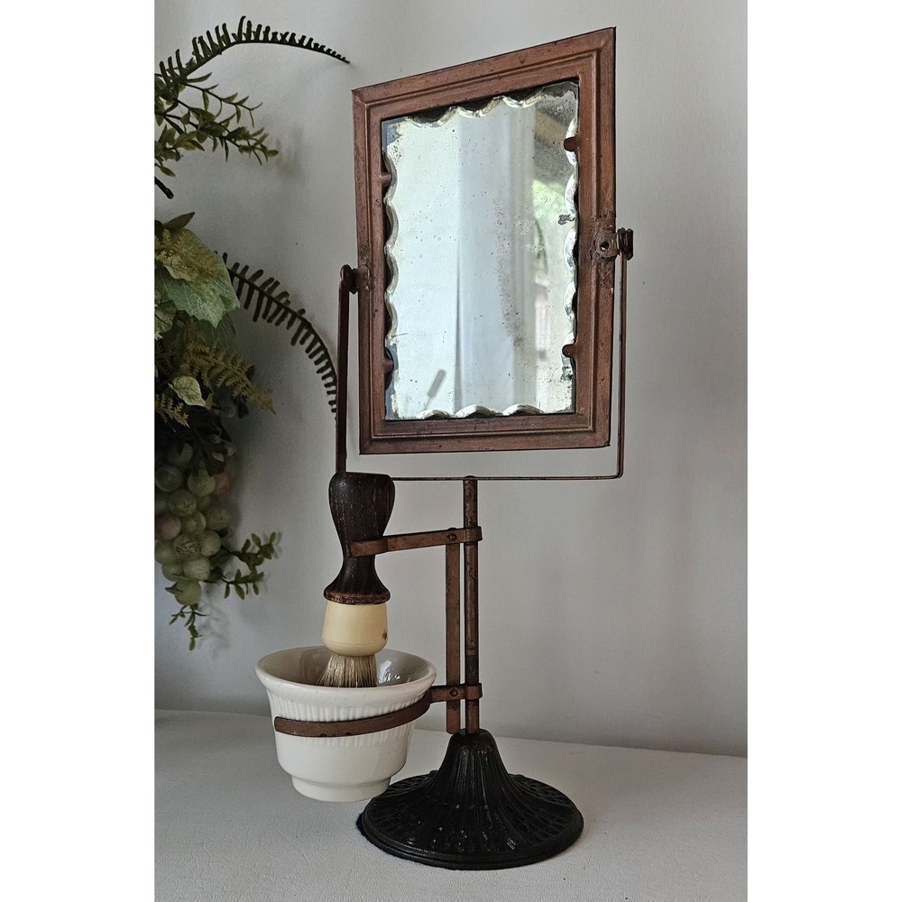 Antique Shaving Set Scalloped Edge Mirror Mug & Brush Holder Americana